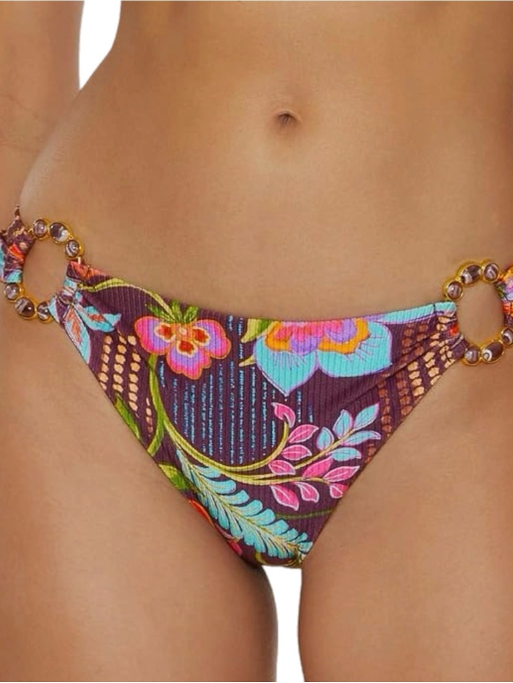 NWT BECCA Portofino Purple Multi Floral Bikini Bottom with Decorative Rings (S)